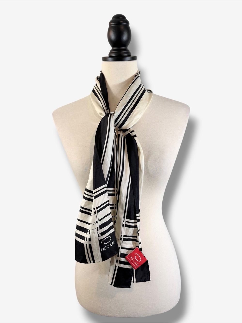 Vintage OSCAR de la Renta 100% Silk Scarf Black Ivory Geometric Stripe Long